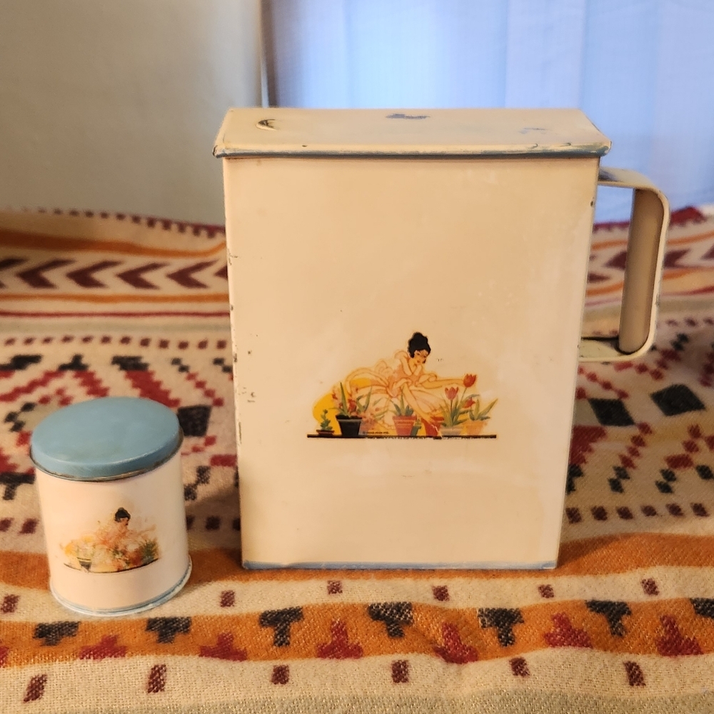 Nesco Gardening Lady Metal Storage Tin Rare Sliding Lid W Handle W Matching Tin